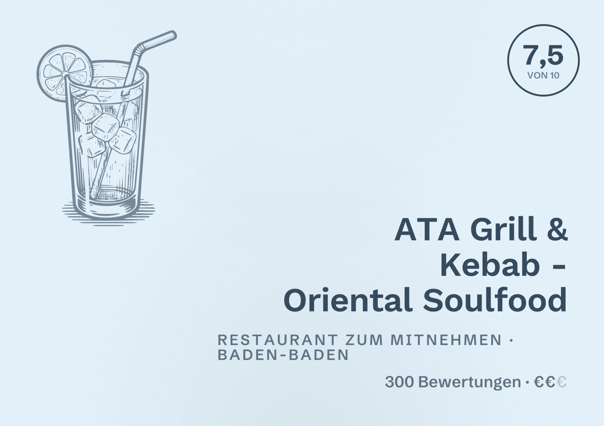 Illustriertes Poster von ATA Grill & Kebab - Oriental Soulfood, Restaurant zum Mitnehmen in Baden-Baden: Bewertung 7,5 von 10 aus 300 Bewertungen, Preisniveau €€