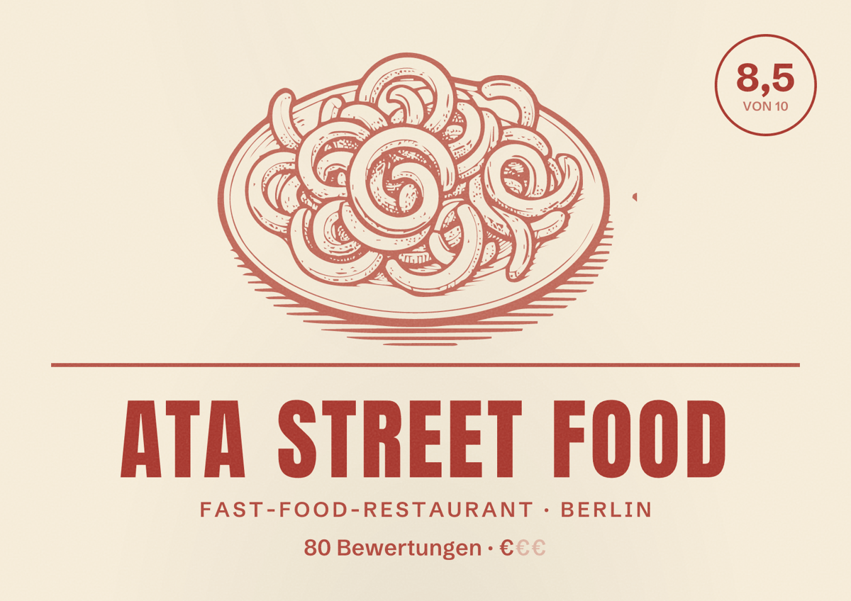 Illustriertes Poster von Ata Street Food, Fast-Food-Restaurant in Berlin: Bewertung 8,5 von 10 aus 80 Bewertungen, Preisniveau €
