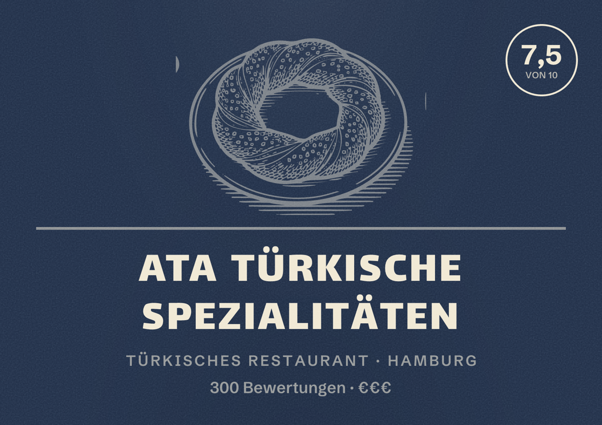 Illustriertes Poster von ATA Türkische Spezialitäten, Türkisches Restaurant in Hamburg: Bewertung 7,5 von 10 aus 300 Bewertungen, Preisniveau €€€