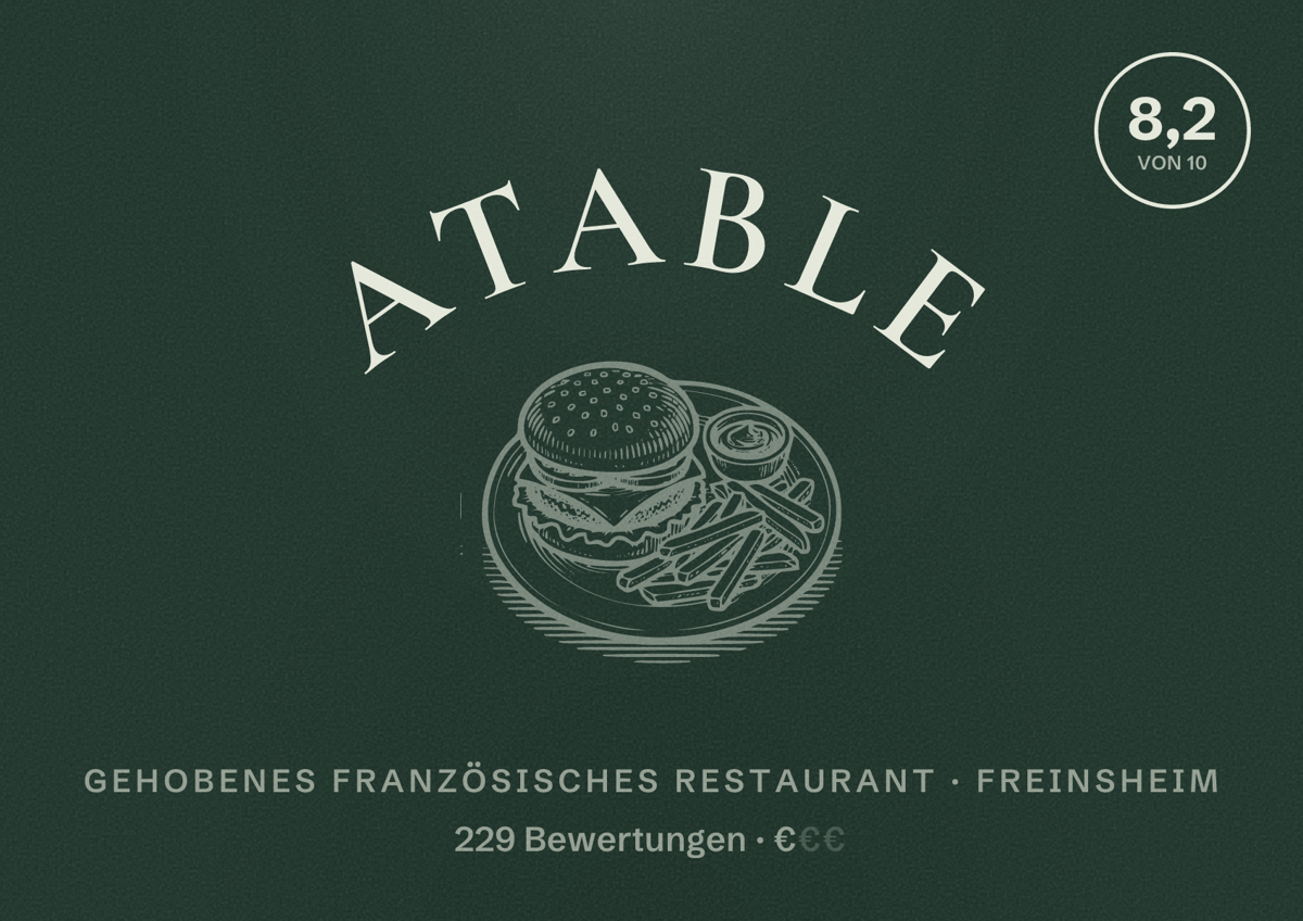 Illustriertes Poster von Atable, Gehobenes französisches Restaurant in Freinsheim: Bewertung 8,2 von 10 aus 229 Bewertungen, Preisniveau €