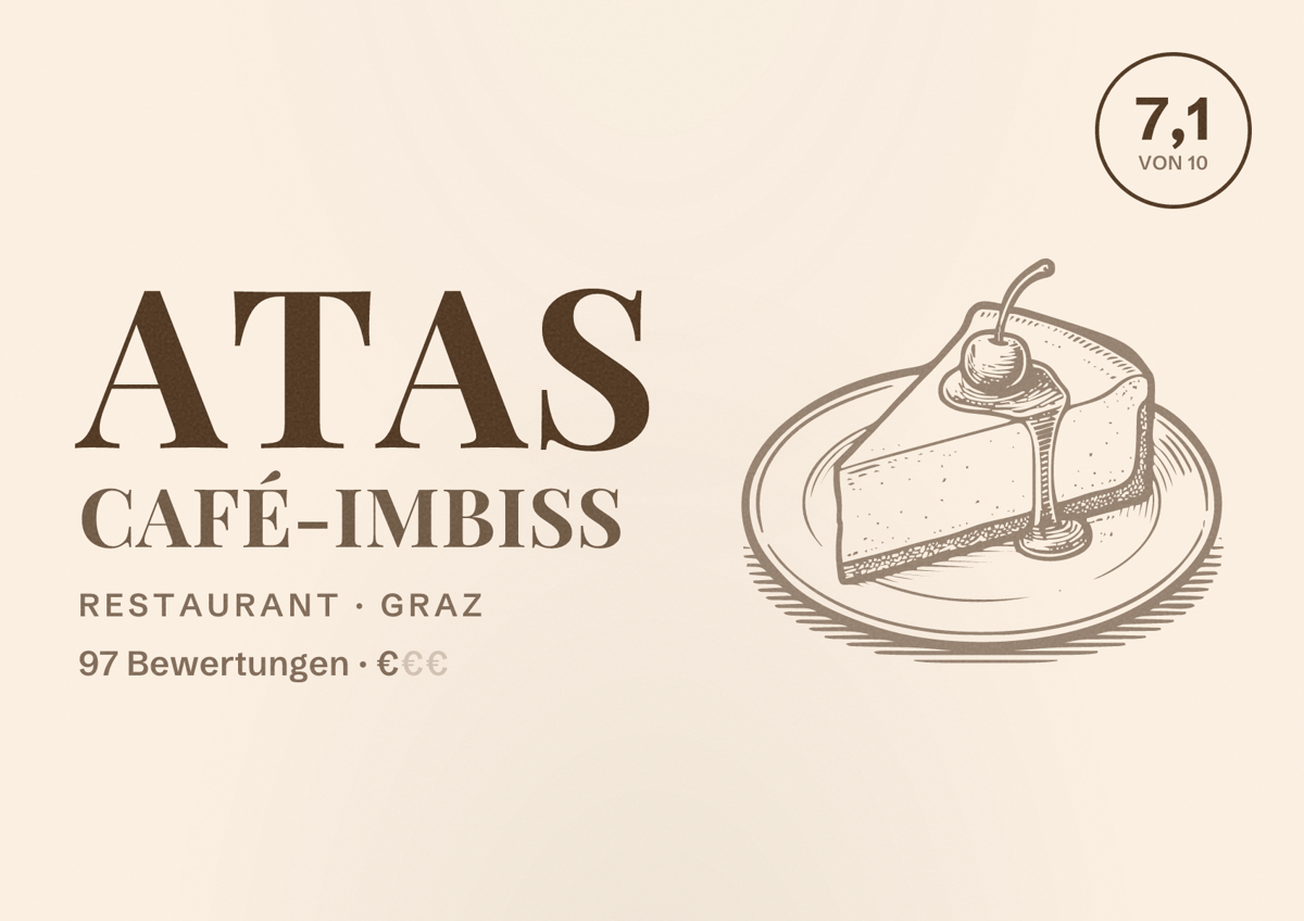 Illustriertes Poster von Atas Café-Imbiss, Restaurant in Graz: Bewertung 7,1 von 10 aus 97 Bewertungen, Preisniveau €