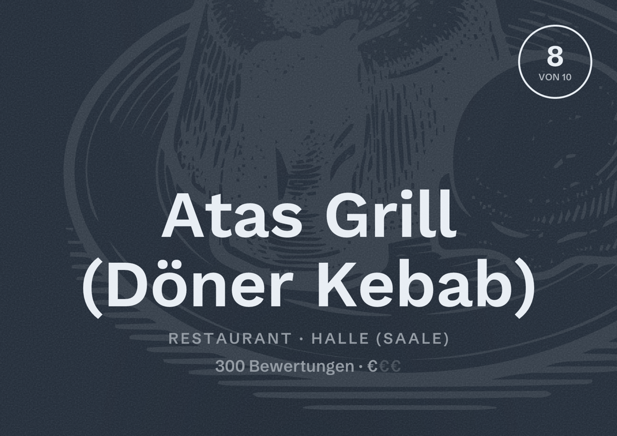 Illustriertes Poster von Atas Grill (Döner Kebab), Restaurant in Halle (Saale): Bewertung 8,0 von 10 aus 300 Bewertungen, Preisniveau €