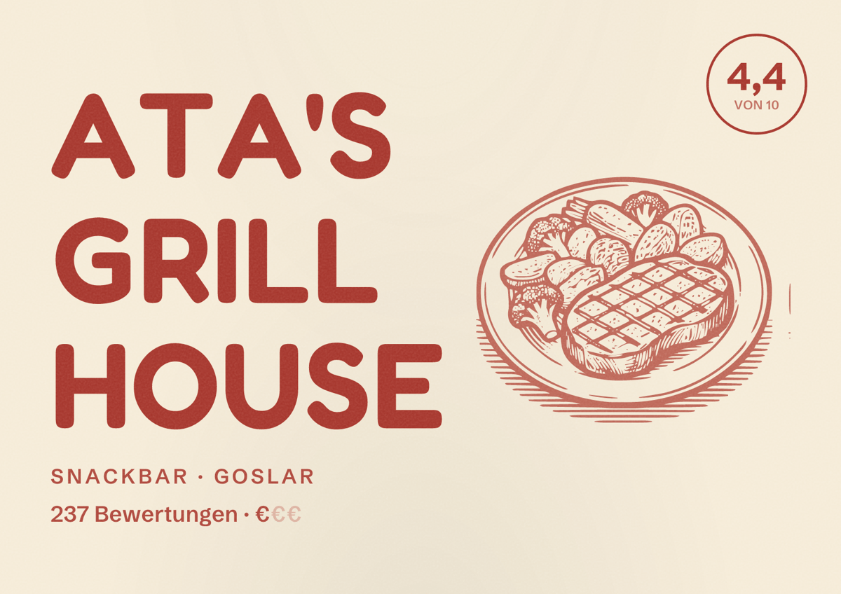 Illustriertes Poster von ATA's Grill House, Snackbar in Goslar: Bewertung 4,4 von 10 aus 237 Bewertungen, Preisniveau €