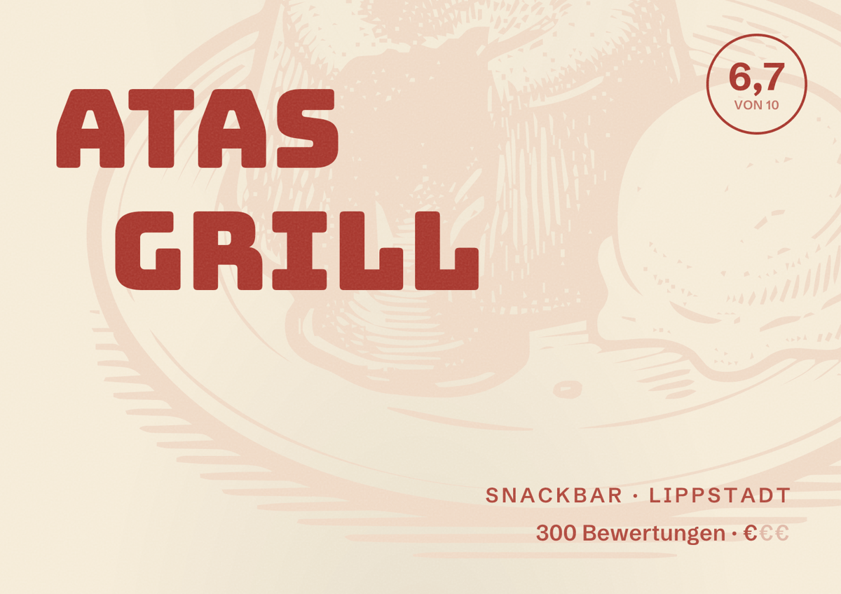 Illustriertes Poster von Atas Grill, Snackbar in Lippstadt: Bewertung 6,7 von 10 aus 300 Bewertungen, Preisniveau €