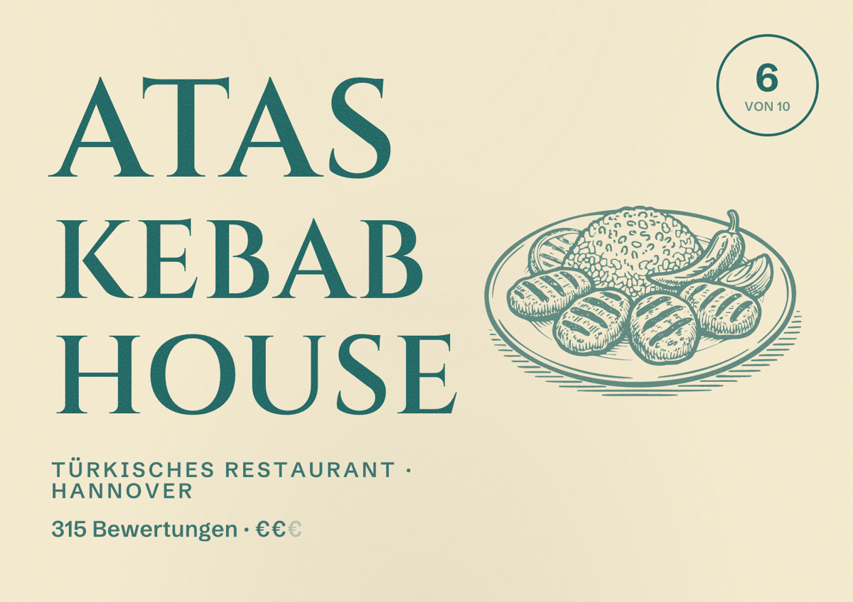 Illustriertes Poster von Atas Kebab House, Türkisches Restaurant in Hannover: Bewertung 6,0 von 10 aus 315 Bewertungen, Preisniveau €€