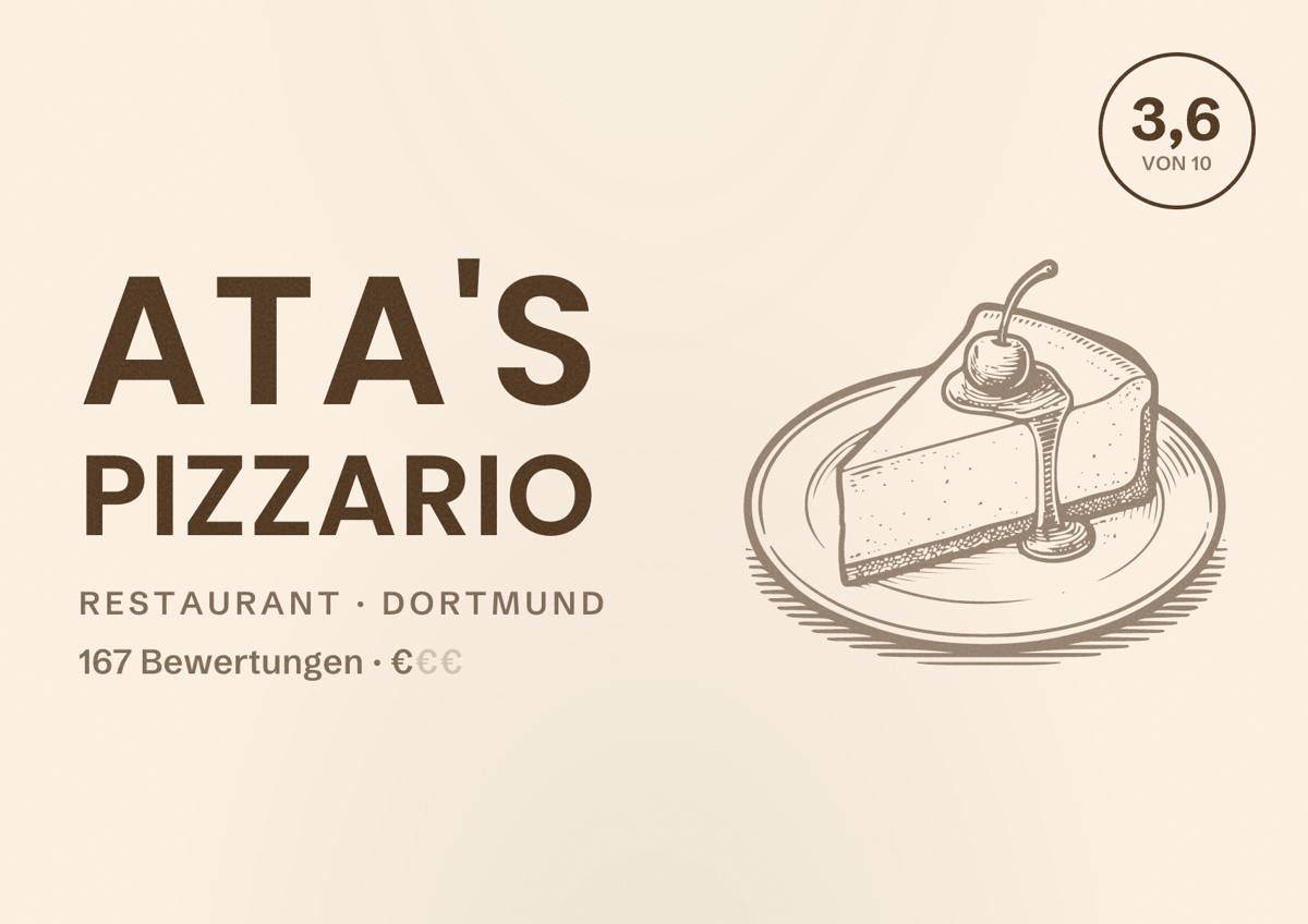 Illustriertes Poster von ATA's Pizzario, Restaurant in Dortmund: Bewertung 3,6 von 10 aus 167 Bewertungen, Preisniveau €