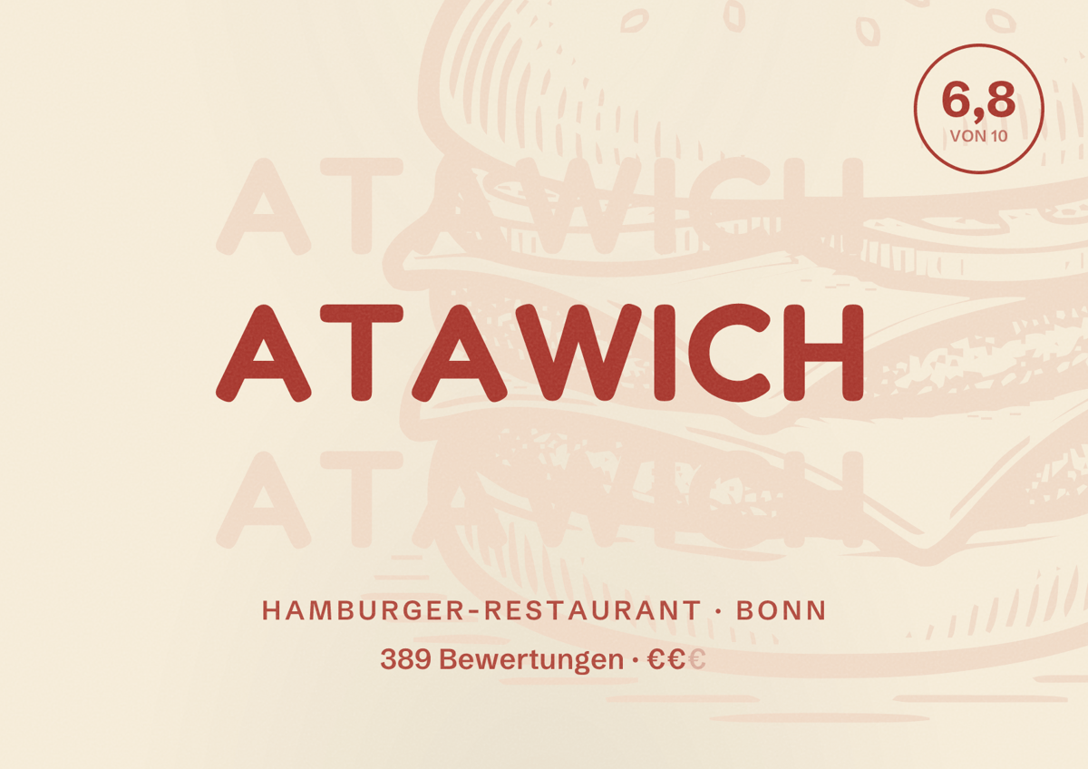 Illustriertes Poster von Atawich, Hamburger-Restaurant in Bonn: Bewertung 6,8 von 10 aus 389 Bewertungen, Preisniveau €€