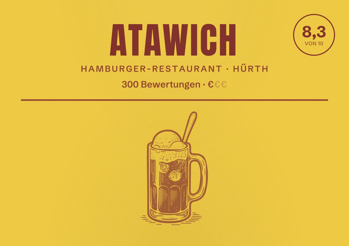 Illustriertes Poster von Atawich, Hamburger-Restaurant in Hürth: Bewertung 8,3 von 10 aus 300 Bewertungen, Preisniveau €
