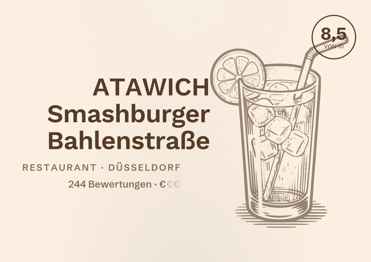 Illustriertes Poster von ATAWICH Smashburger Bahlenstraße, Restaurant in Düsseldorf: Bewertung 8,5 von 10 aus 244 Bewertungen, Preisniveau €