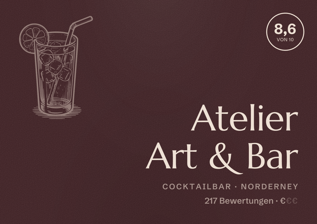Illustriertes Poster von Atelier Art & Bar, Cocktailbar in Norderney: Bewertung 8,6 von 10 aus 217 Bewertungen, Preisniveau €