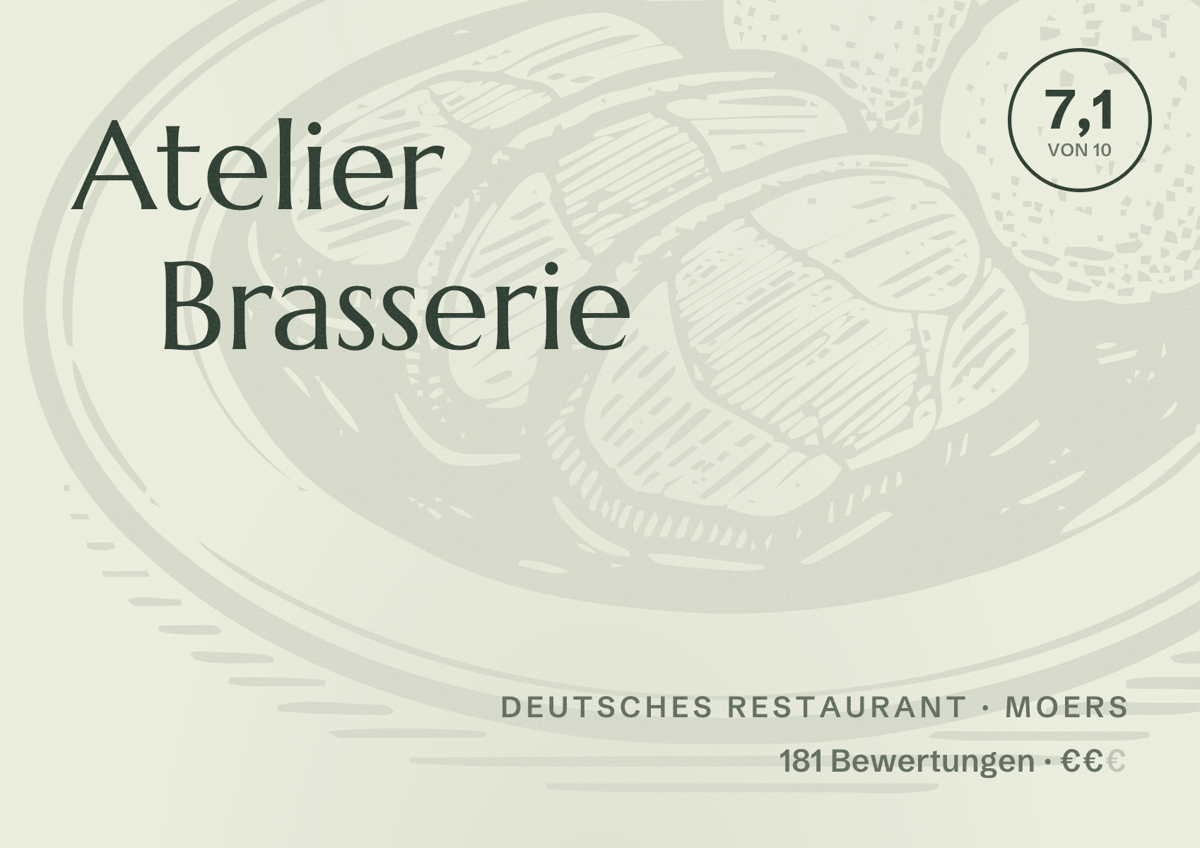 Illustriertes Poster von Atelier Brasserie, Deutsches Restaurant in Moers: Bewertung 7,1 von 10 aus 181 Bewertungen, Preisniveau €€
