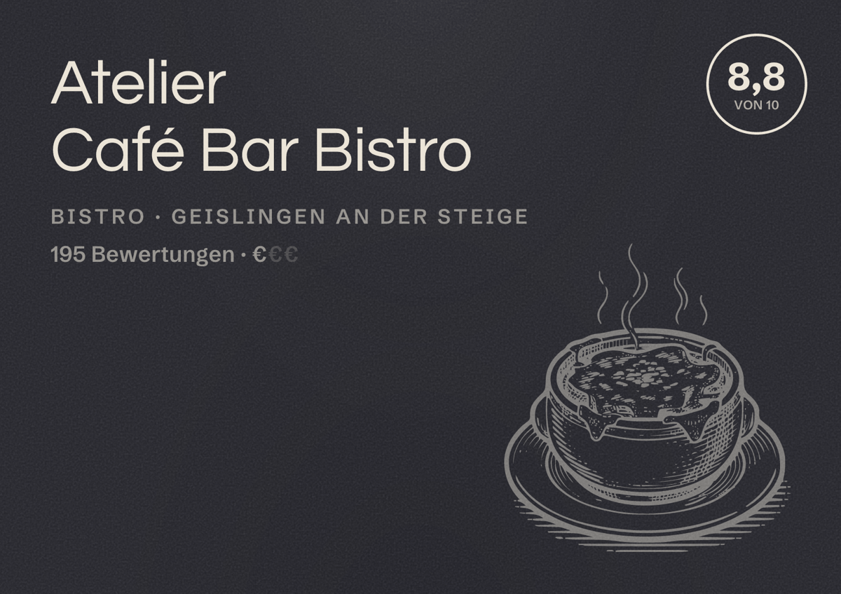 Illustriertes Poster von Atelier Café Bar Bistro, Bistro in Geislingen an der Steige: Bewertung 8,8 von 10 aus 195 Bewertungen, Preisniveau €