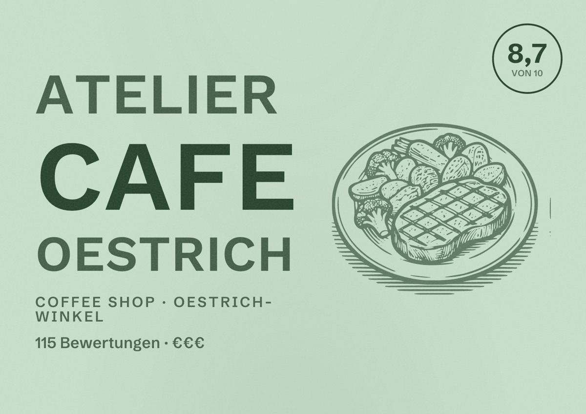 Illustriertes Poster von ATELIER CAFE Oestrich, Coffee Shop in Oestrich-Winkel: Bewertung 8,7 von 10 aus 115 Bewertungen, Preisniveau €€€