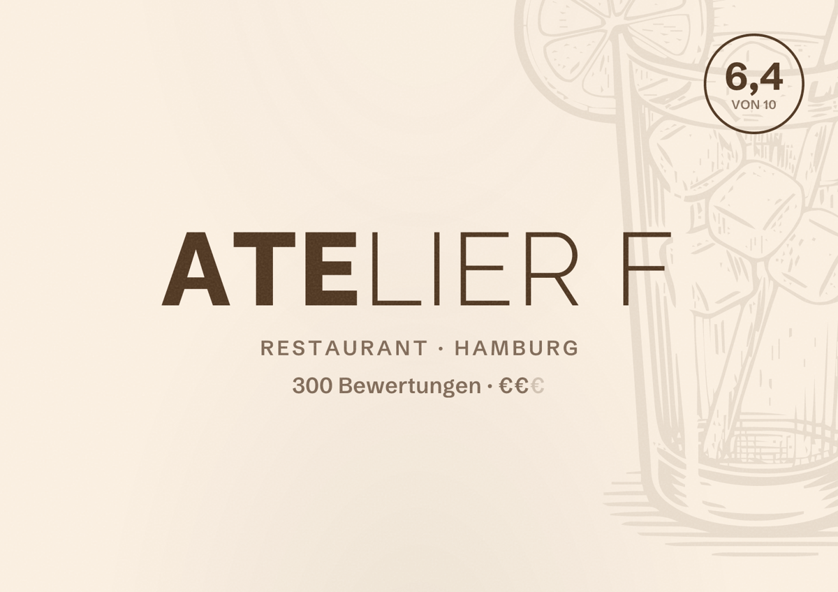 Illustriertes Poster von Atelier F, Restaurant in Hamburg: Bewertung 6,4 von 10 aus 300 Bewertungen, Preisniveau €€