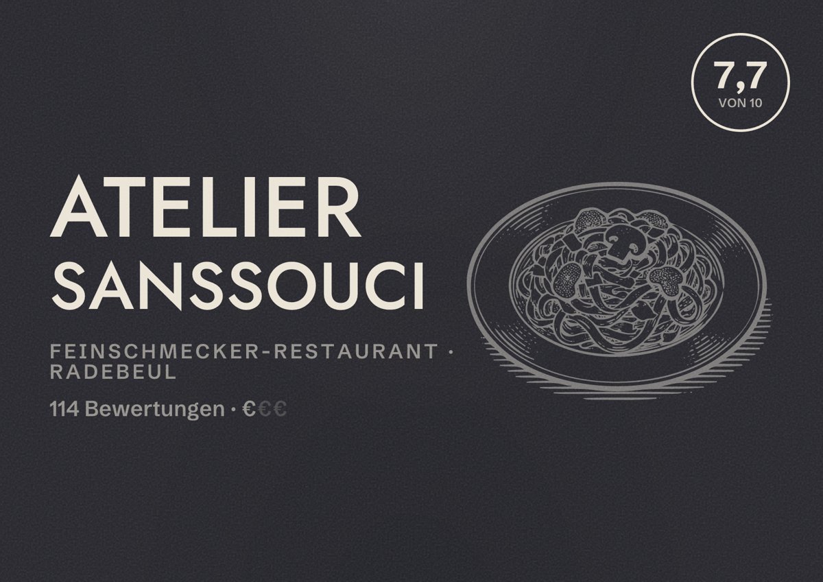 Illustriertes Poster von Atelier Sanssouci, Feinschmecker-Restaurant in Radebeul: Bewertung 7,7 von 10 aus 114 Bewertungen, Preisniveau €