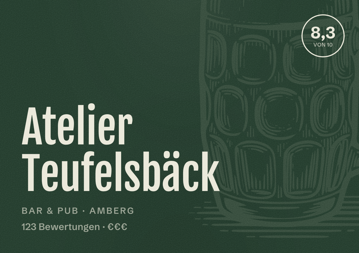 Illustriertes Poster von Atelier Teufelsbäck, Bar & Pub in Amberg: Bewertung 8,3 von 10 aus 123 Bewertungen, Preisniveau €€€
