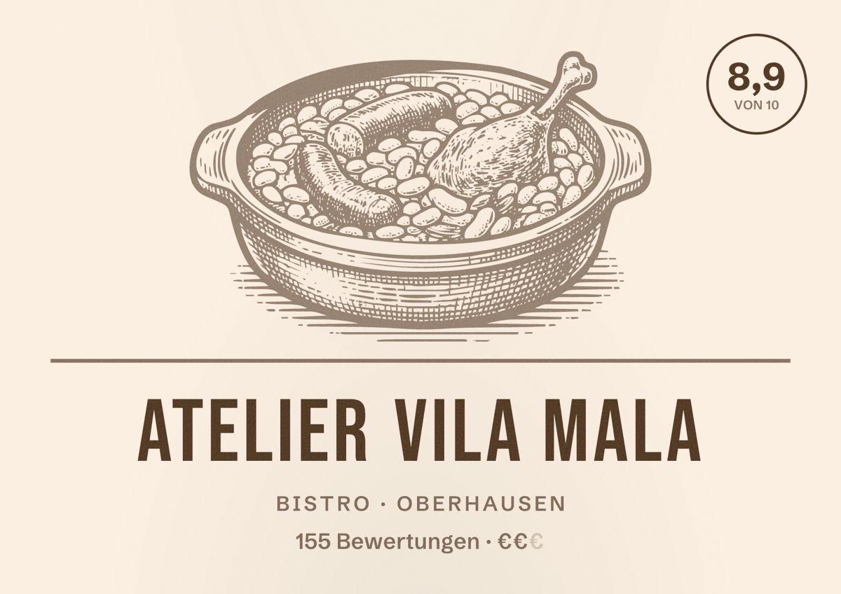 Illustriertes Poster von Atelier Vila Mala, Bistro in Oberhausen: Bewertung 8,9 von 10 aus 155 Bewertungen, Preisniveau €€