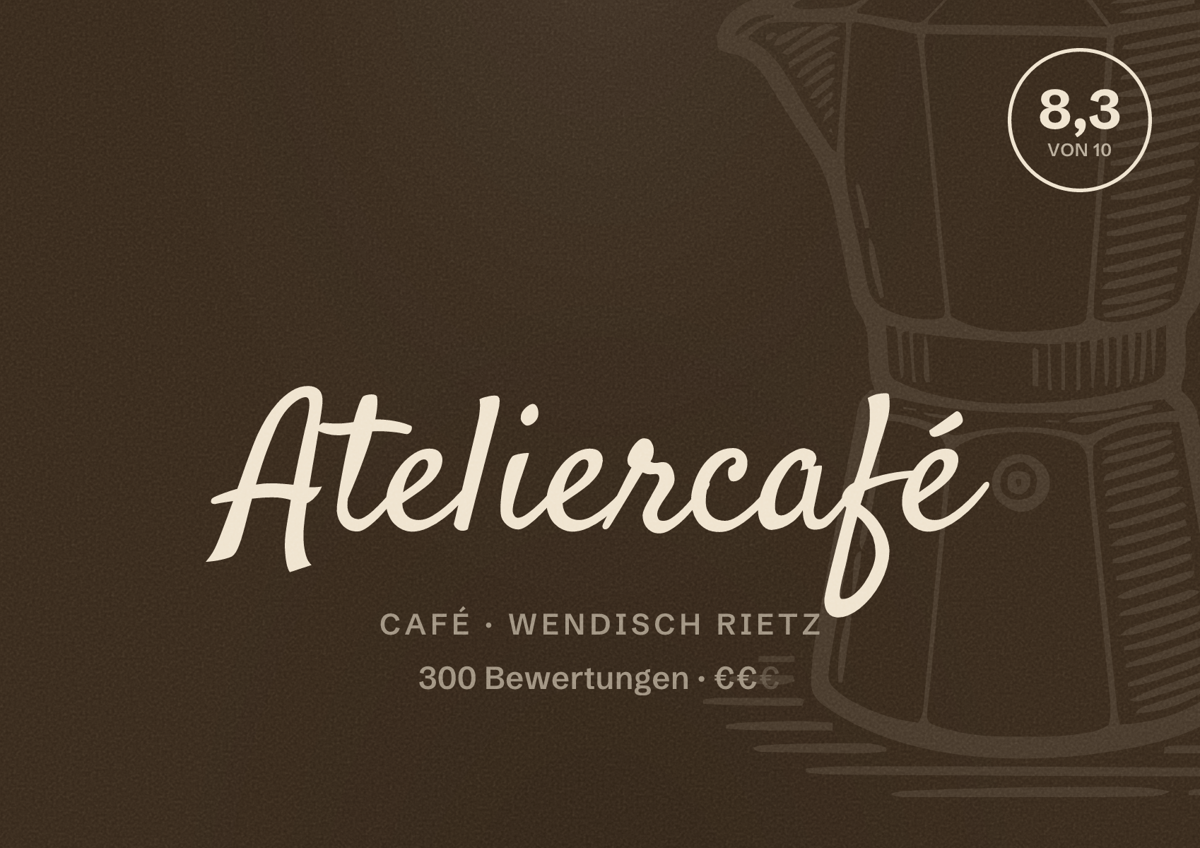 Illustriertes Poster von Ateliercafé, Café in Wendisch Rietz: Bewertung 8,3 von 10 aus 300 Bewertungen, Preisniveau €€
