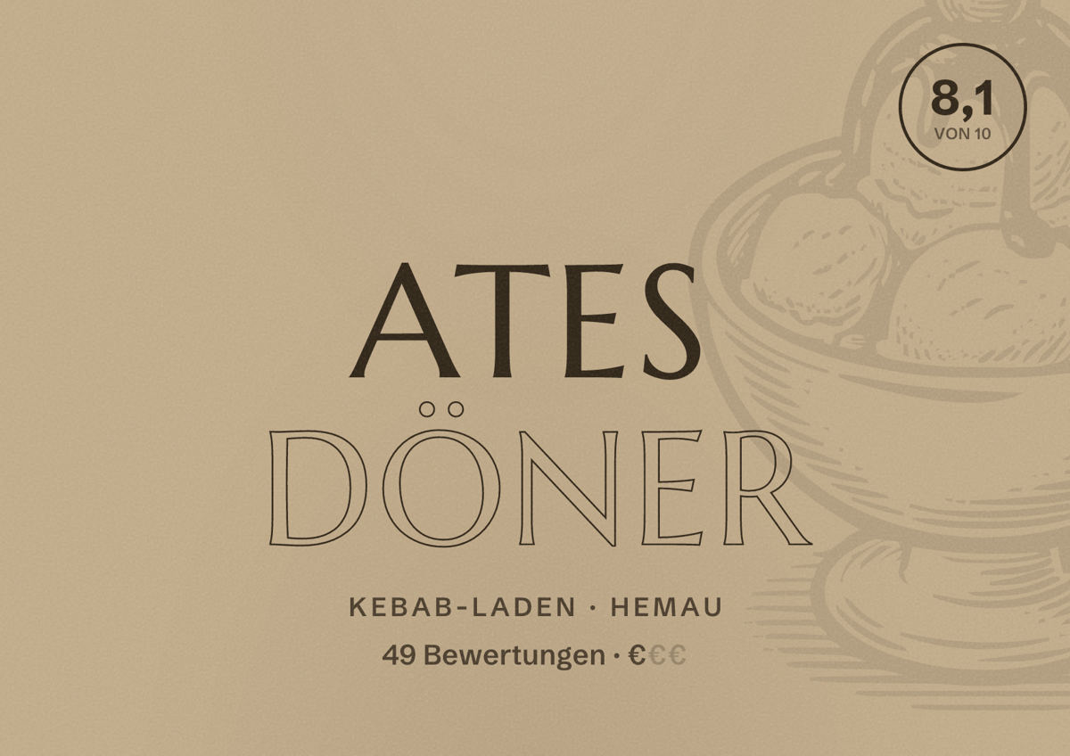 Illustriertes Poster von Ates Döner, Kebab-Laden in Hemau: Bewertung 8,1 von 10 aus 49 Bewertungen, Preisniveau €