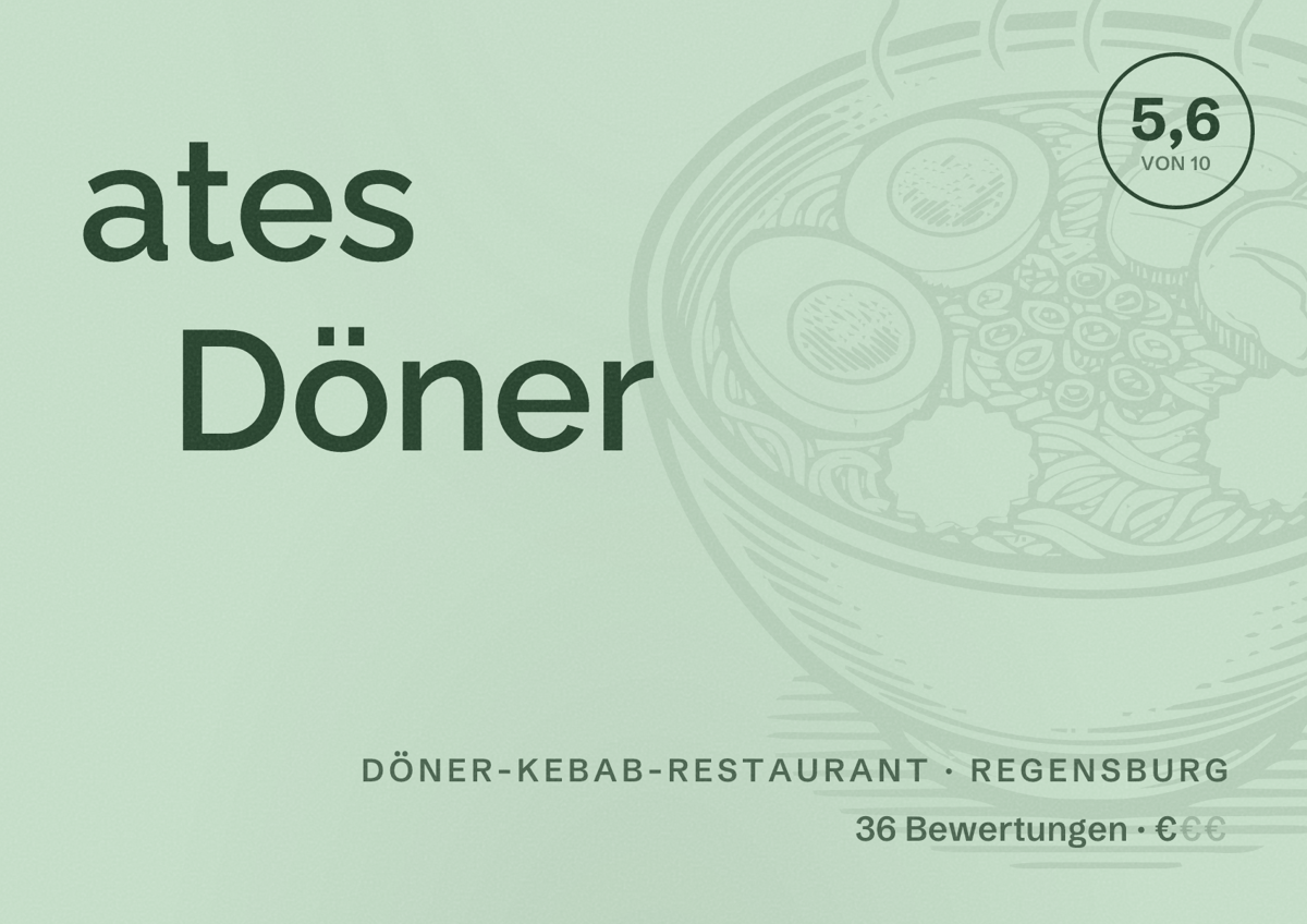 Illustriertes Poster von ates Döner, Döner-Kebab-Restaurant in Regensburg: Bewertung 5,6 von 10 aus 36 Bewertungen, Preisniveau €