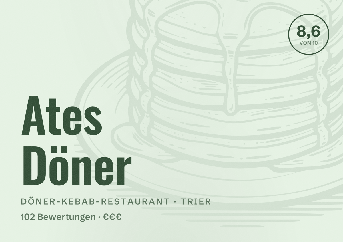 Illustriertes Poster von Ates Döner, Döner-Kebab-Restaurant in Trier: Bewertung 8,6 von 10 aus 102 Bewertungen, Preisniveau €€€