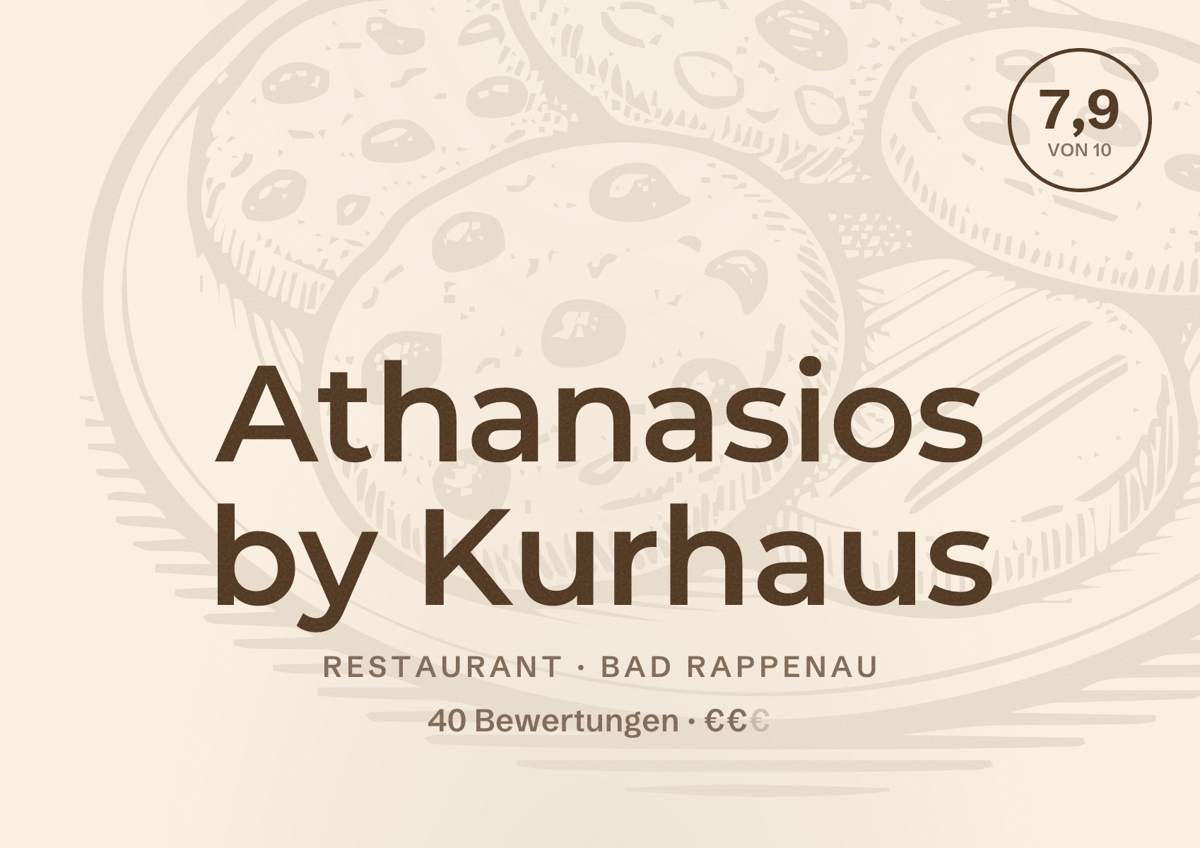 Illustriertes Poster von Athanasios by Kurhaus, Restaurant in Bad Rappenau: Bewertung 7,9 von 10 aus 40 Bewertungen, Preisniveau €€