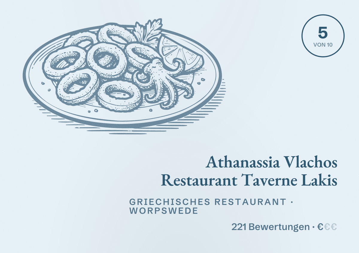 Illustriertes Poster von Athanassia Vlachos Restaurant Taverne Lakis, Griechisches Restaurant in Worpswede: Bewertung 5 von 10 aus 221 Bewertungen, Preisniveau €