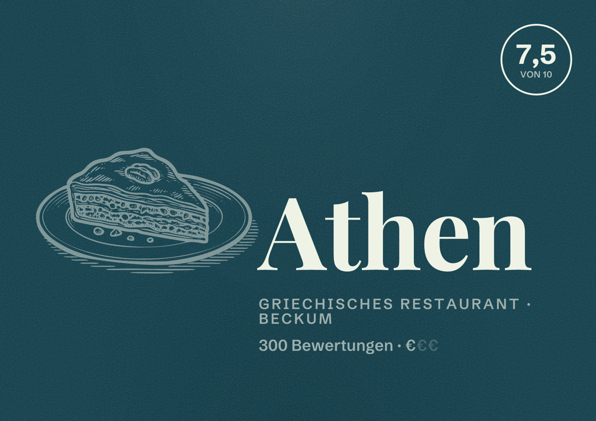 Illustriertes Poster von Athen, Griechisches Restaurant in Beckum: Bewertung 7,5 von 10 aus 300 Bewertungen, Preisniveau €