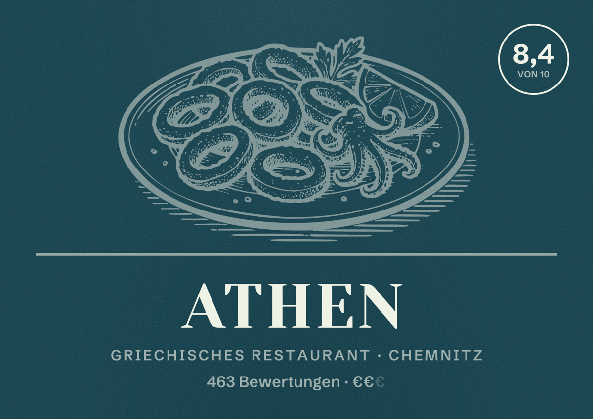 Illustriertes Poster von Athen, Griechisches Restaurant in Chemnitz: Bewertung 8,4 von 10 aus 463 Bewertungen, Preisniveau €€