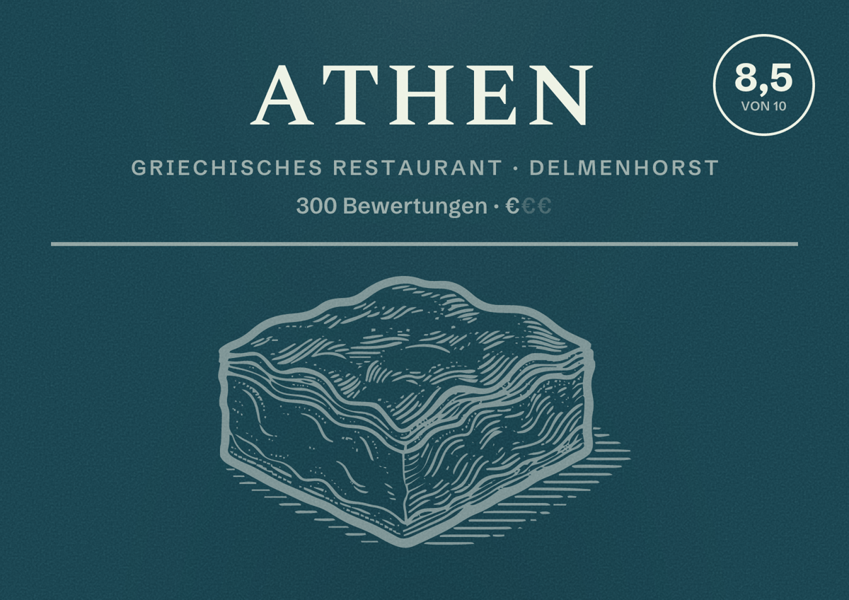 Illustriertes Poster von Athen, Griechisches Restaurant in Delmenhorst: Bewertung 8,5 von 10 aus 300 Bewertungen, Preisniveau €
