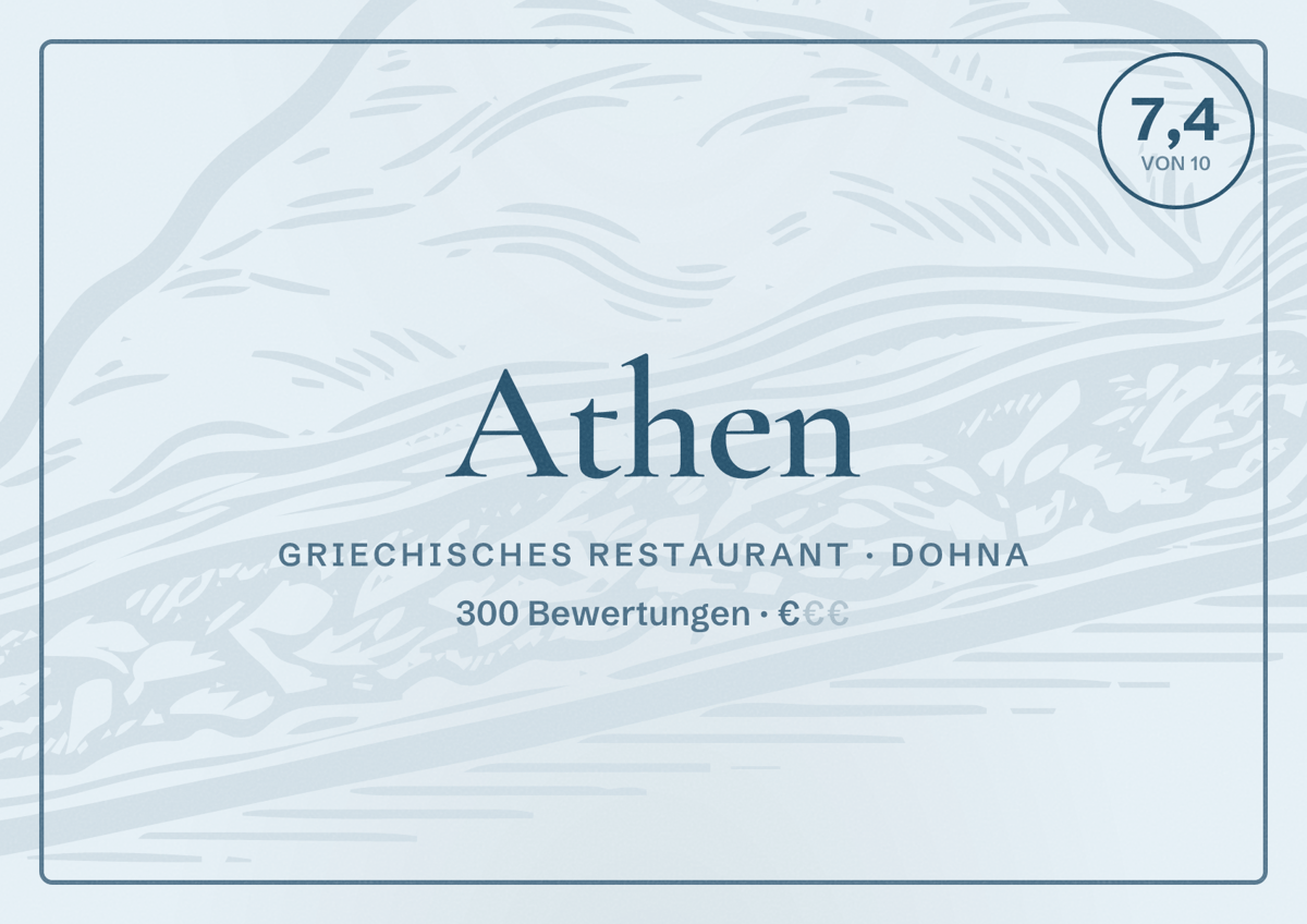 Illustriertes Poster von Athen, Griechisches Restaurant in Dohna: Bewertung 7,4 von 10 aus 300 Bewertungen, Preisniveau €