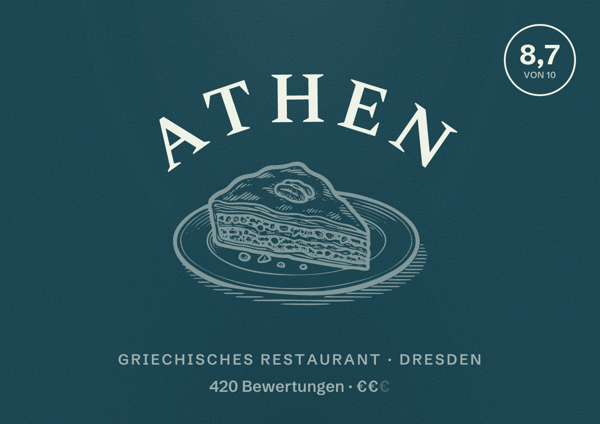 Illustriertes Poster von Athen, Griechisches Restaurant in Dresden: Bewertung 8,7 von 10 aus 420 Bewertungen, Preisniveau €€