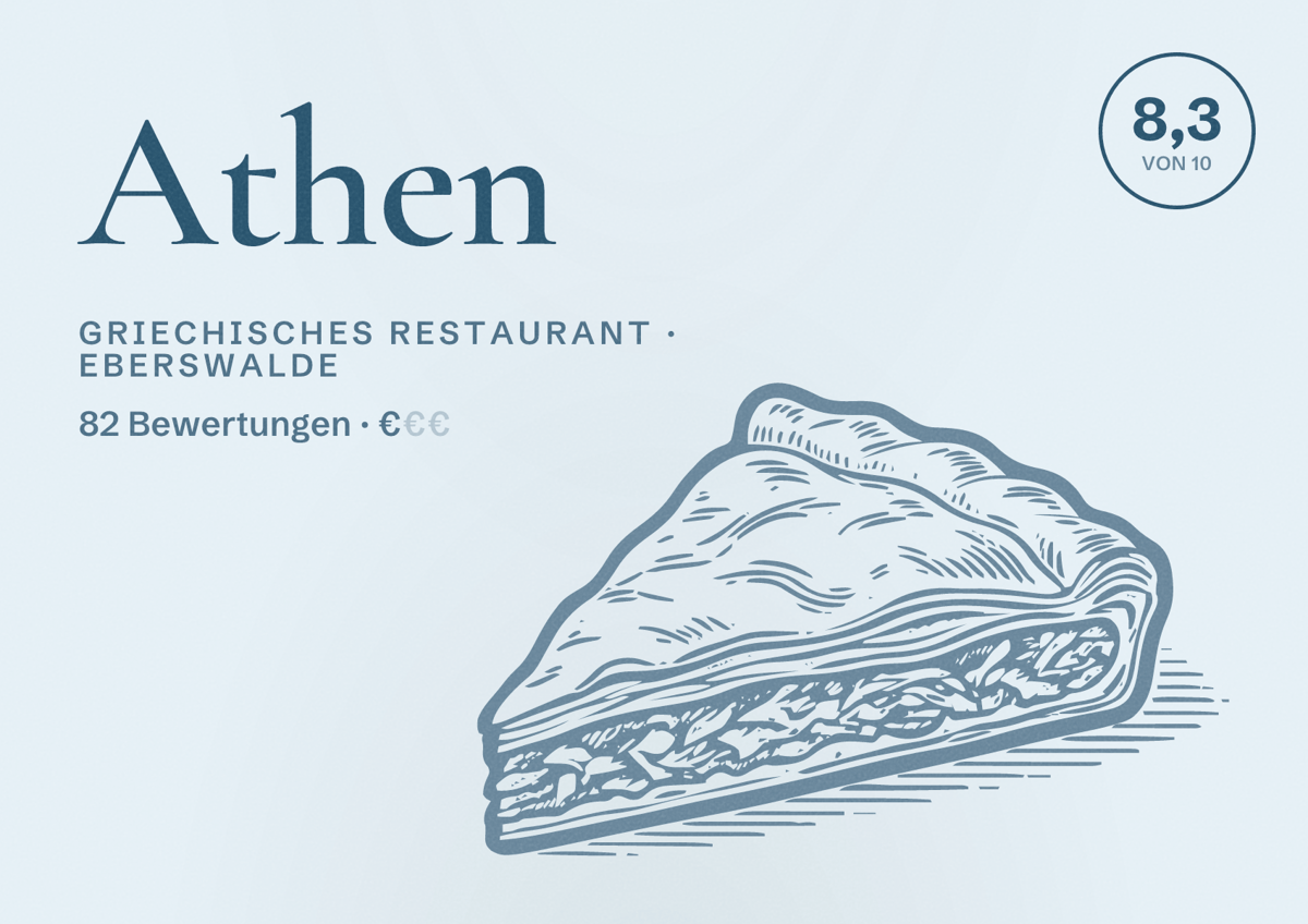 Illustriertes Poster von Athen, Griechisches Restaurant in Eberswalde: Bewertung 8,3 von 10 aus 82 Bewertungen, Preisniveau €