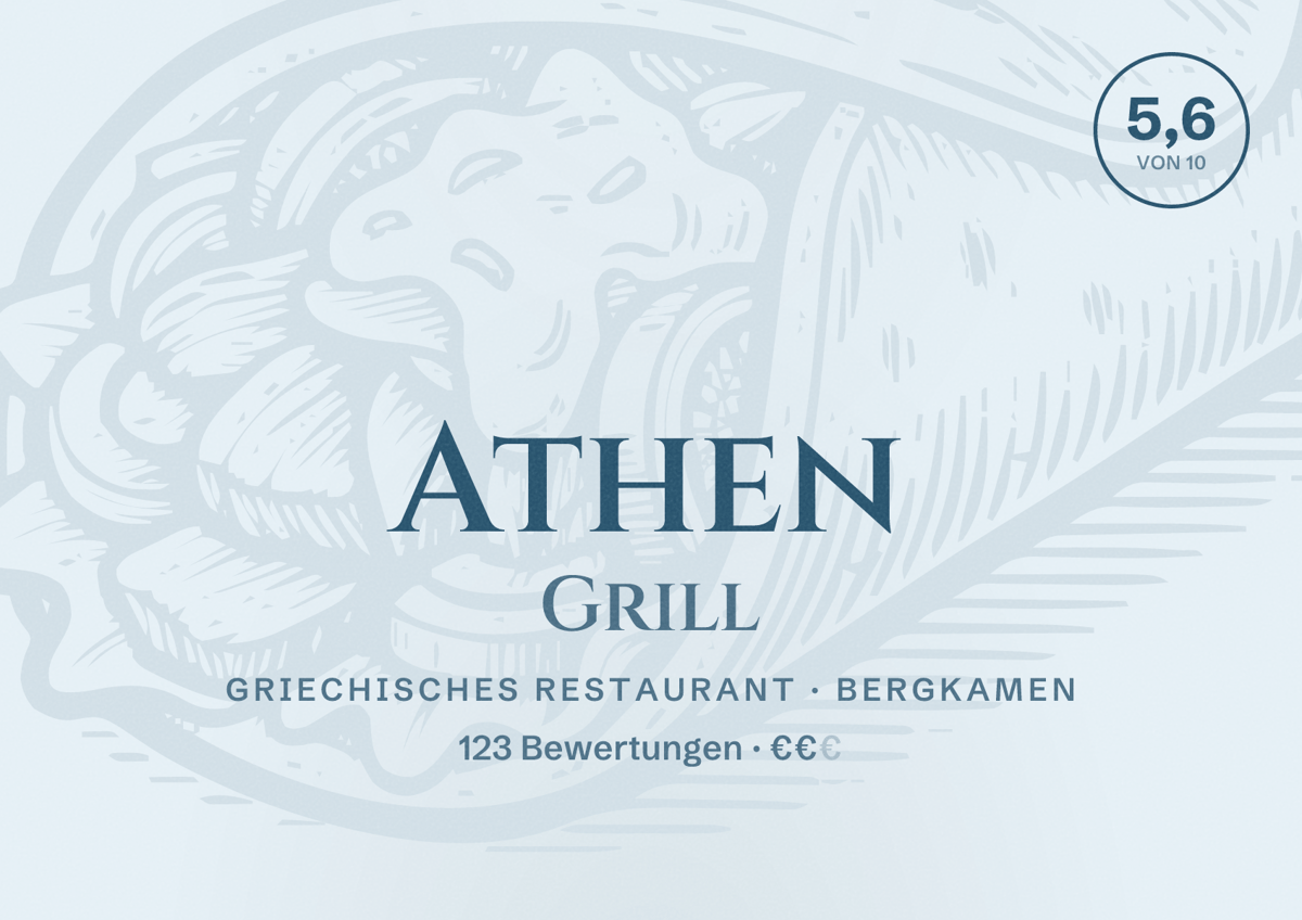 Illustriertes Poster von Athen Grill, Griechisches Restaurant in Bergkamen: Bewertung 5,6 von 10 aus 123 Bewertungen, Preisniveau €€