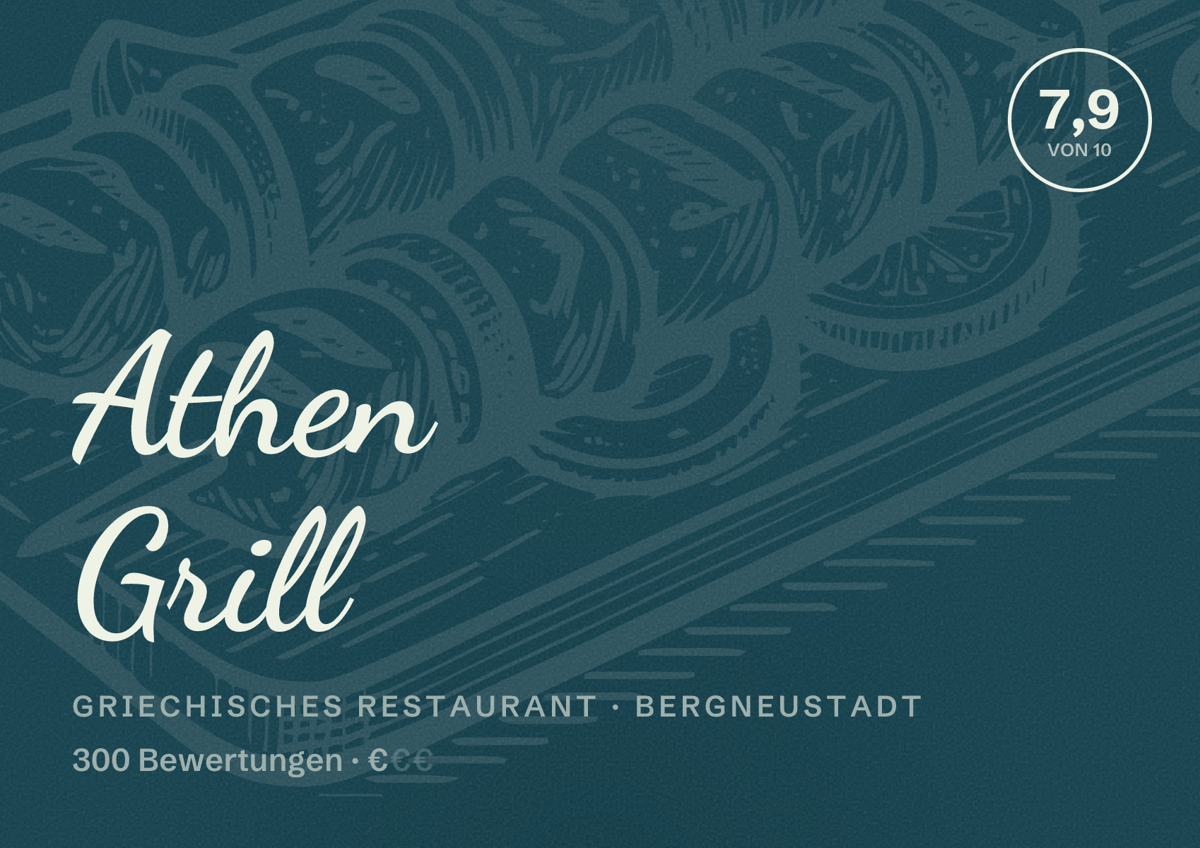 Illustriertes Poster von Athen Grill, Griechisches Restaurant in Bergneustadt: Bewertung 7,9 von 10 aus 300 Bewertungen, Preisniveau €