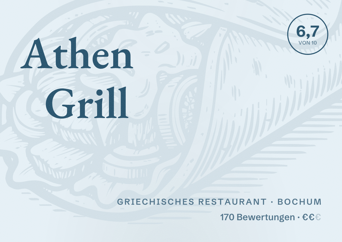 Illustriertes Poster von Athen Grill, Griechisches Restaurant in Bochum: Bewertung 6,7 von 10 aus 170 Bewertungen, Preisniveau €€