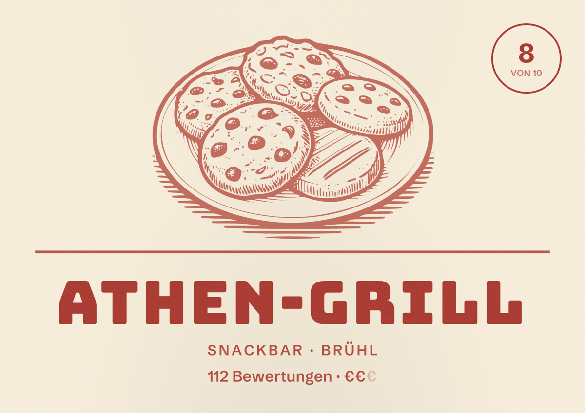 Illustriertes Poster von Athen-grill, Snackbar in Brühl: Bewertung 8 von 10 aus 112 Bewertungen, Preisniveau €€