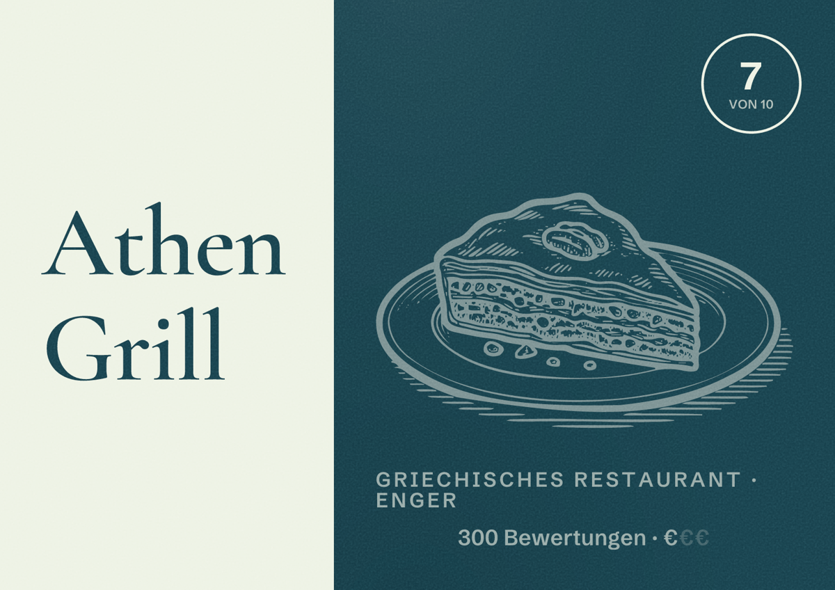 Illustriertes Poster von Athen Grill, Griechisches Restaurant in Enger: Bewertung 7 von 10 aus 300 Bewertungen, Preisniveau €