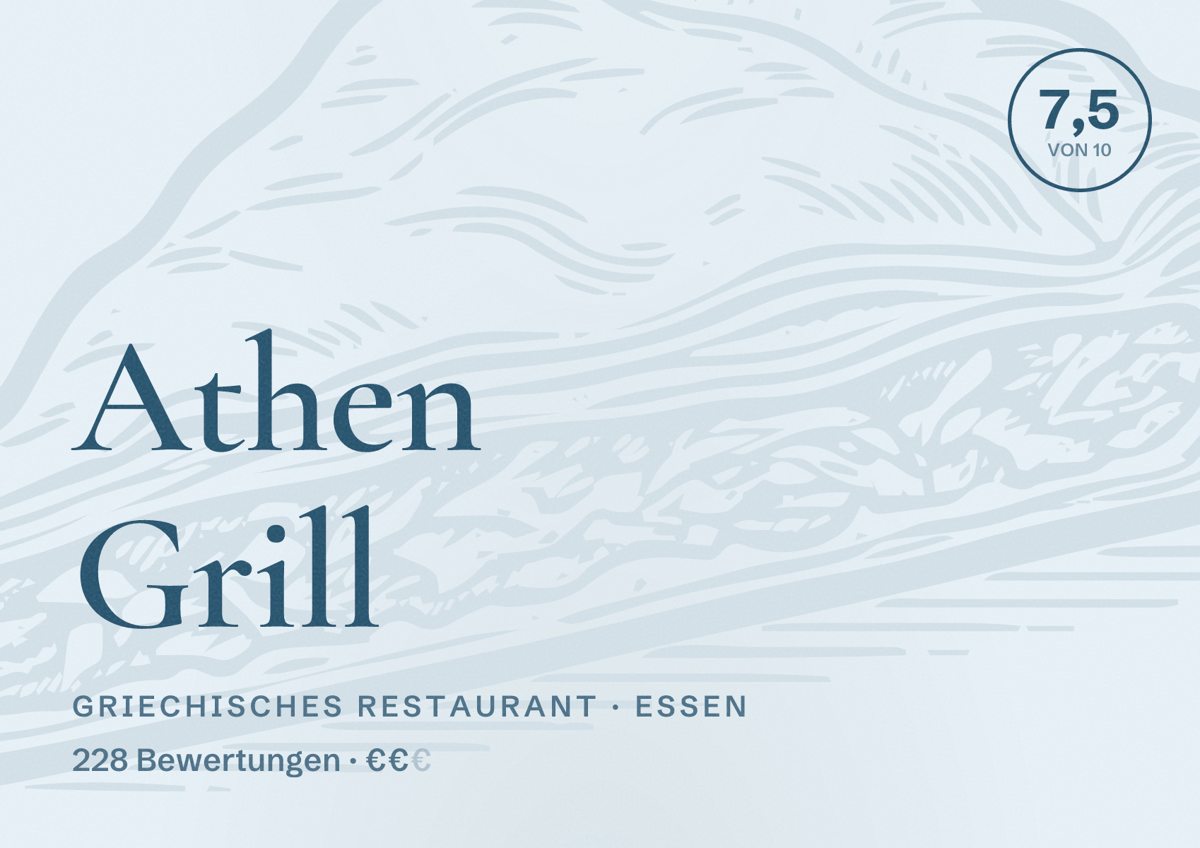 Illustriertes Poster von Athen Grill, Griechisches Restaurant in Essen: Bewertung 7,5 von 10 aus 228 Bewertungen, Preisniveau €€