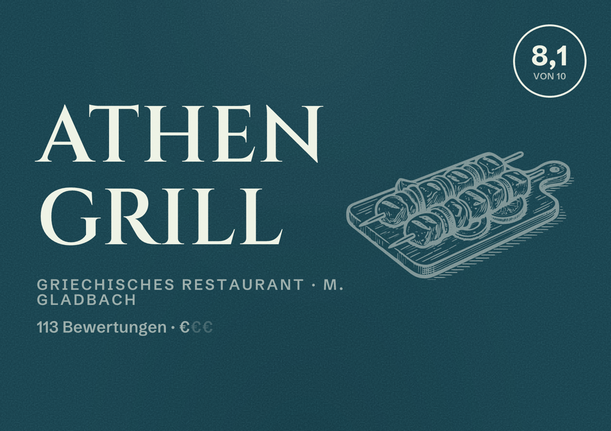 Illustriertes Poster von Athen Grill, Griechisches Restaurant in M. Gladbach: Bewertung 8,1 von 10 aus 113 Bewertungen, Preisniveau €