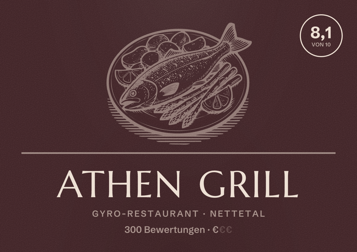 Illustriertes Poster von Athen Grill, Gyro-Restaurant in Nettetal: Bewertung 8,1 von 10 aus 300 Bewertungen, Preisniveau €