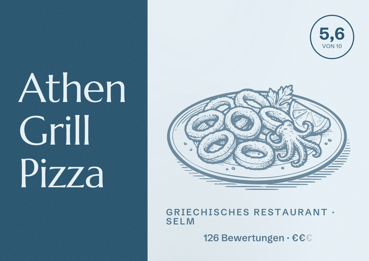 Illustriertes Poster von Athen Grill Pizza, Griechisches Restaurant in Selm: Bewertung 5,6 von 10 aus 126 Bewertungen, Preisniveau €€