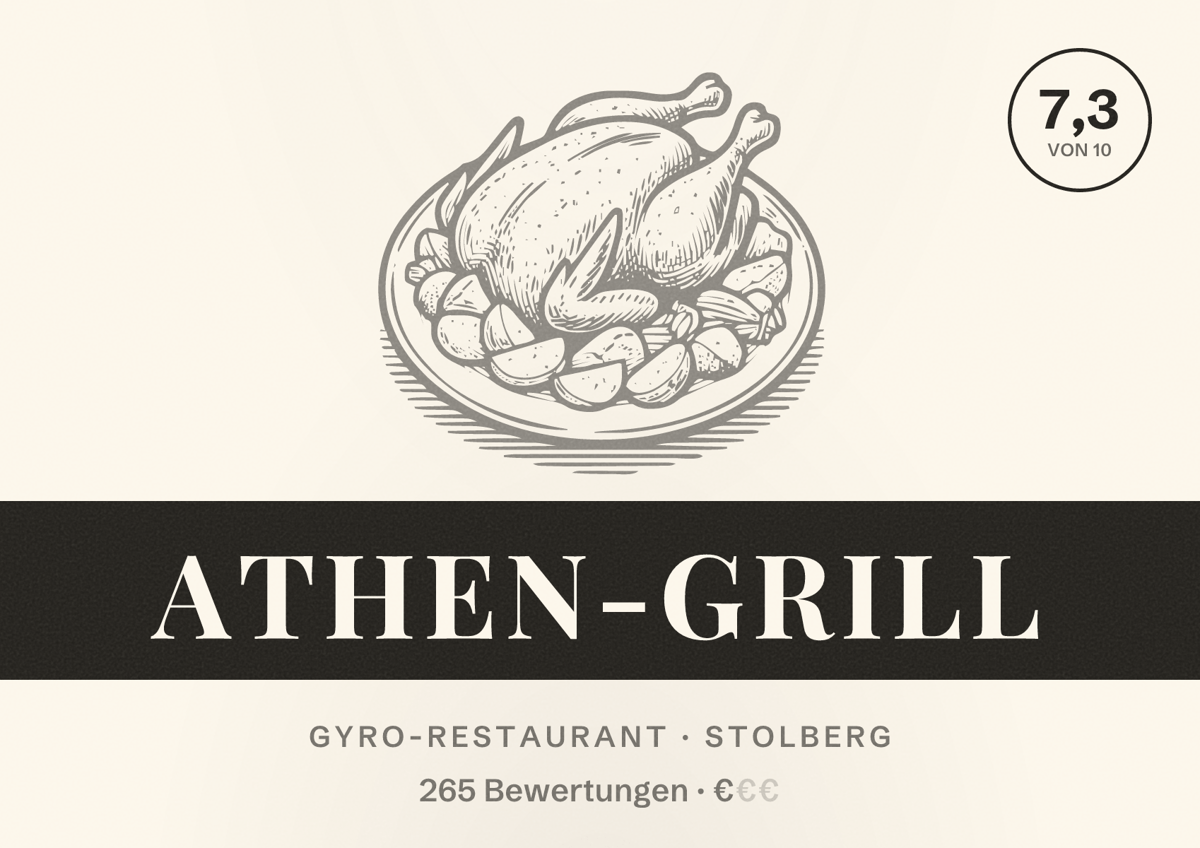 Illustriertes Poster von Athen-Grill, Gyro-Restaurant in Stolberg: Bewertung 7,3 von 10 aus 265 Bewertungen, Preisniveau €