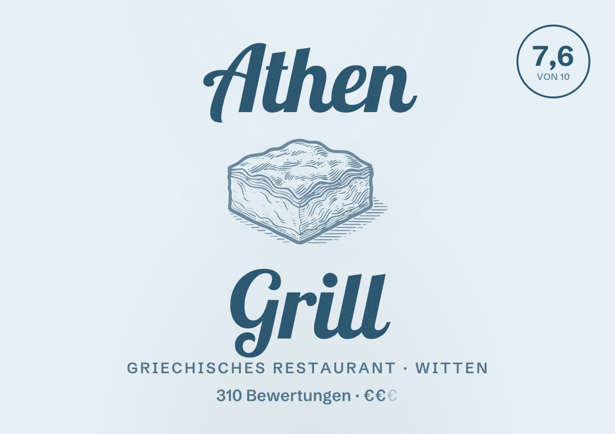 Illustriertes Poster von Athen Grill, Griechisches Restaurant in Witten: Bewertung 7,6 von 10 aus 310 Bewertungen, Preisniveau €€