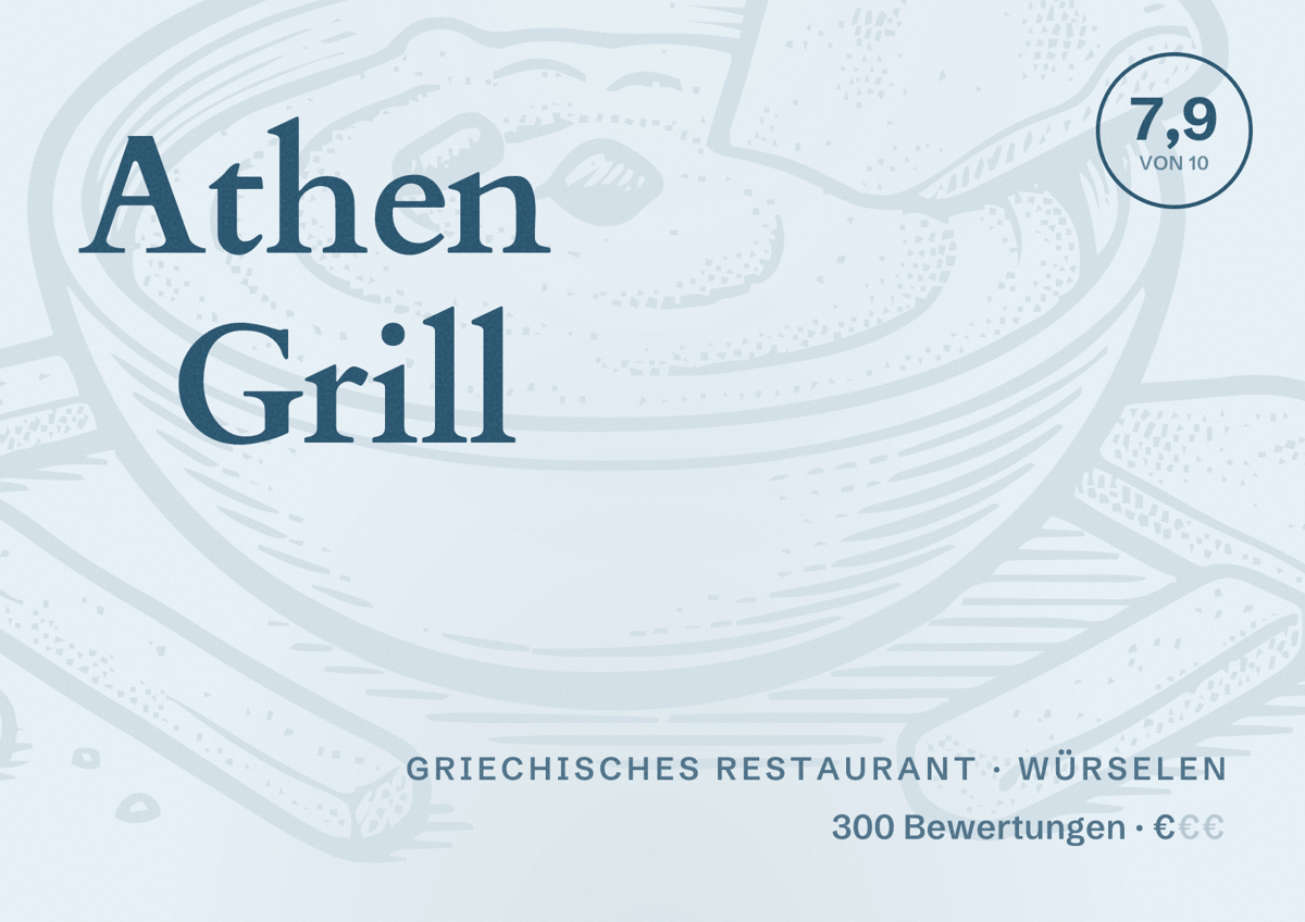Illustriertes Poster von Athen Grill, Griechisches Restaurant in Würselen: Bewertung 7,9 von 10 aus 300 Bewertungen, Preisniveau €