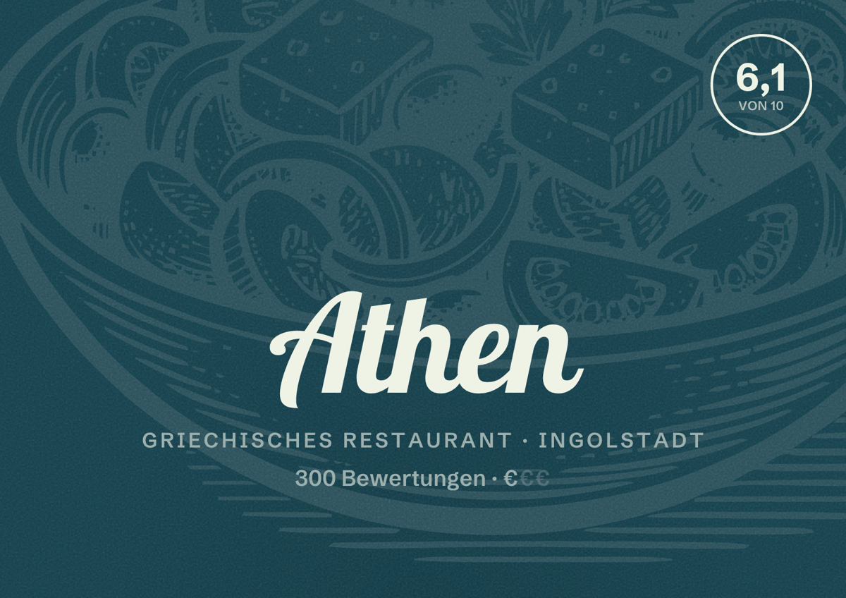 Illustriertes Poster von Athen, Griechisches Restaurant in Ingolstadt: Bewertung 6,1 von 10 aus 300 Bewertungen, Preisniveau €