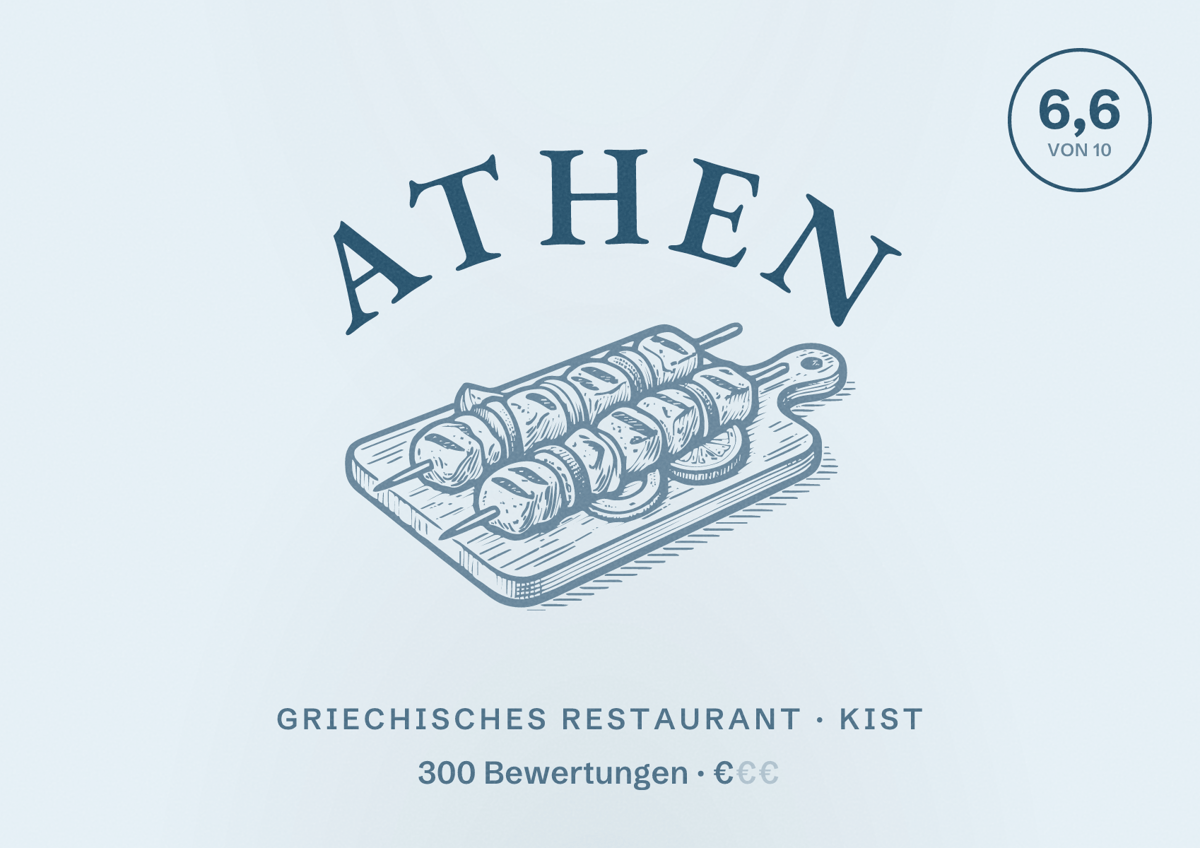 Illustriertes Poster von Athen, Griechisches Restaurant in Kist: Bewertung 6,6 von 10 aus 300 Bewertungen, Preisniveau €