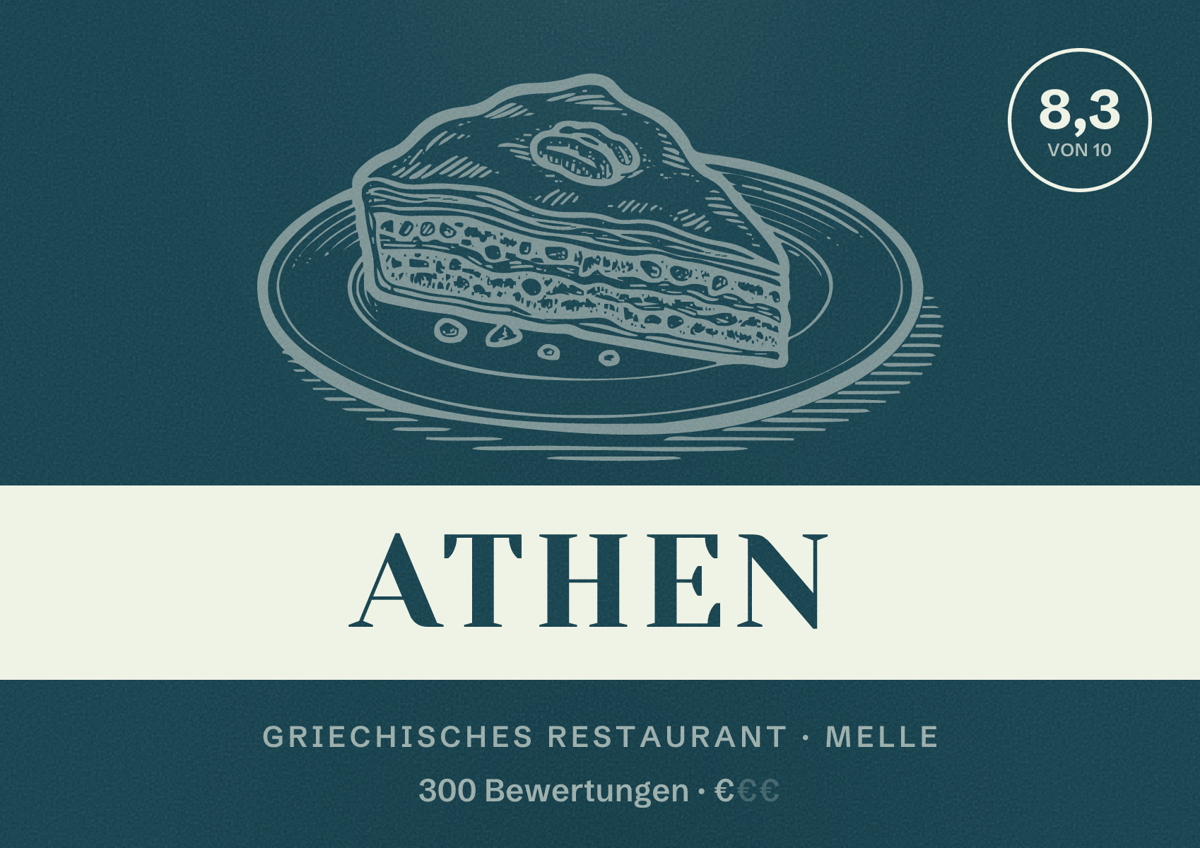 Illustriertes Poster von Athen, Griechisches Restaurant in Melle: Bewertung 8,3 von 10 aus 300 Bewertungen, Preisniveau €