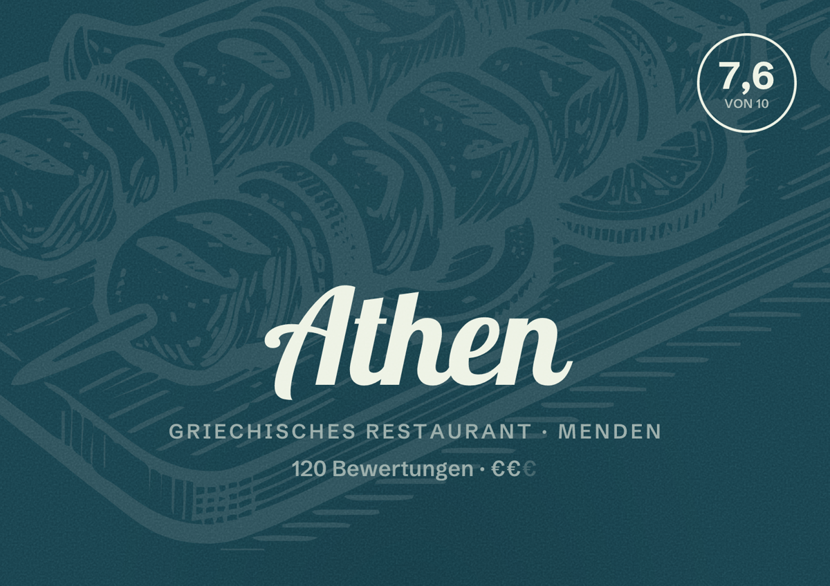 Illustriertes Poster von Athen, Griechisches Restaurant in Menden: Bewertung 7,6 von 10 aus 120 Bewertungen, Preisniveau €€