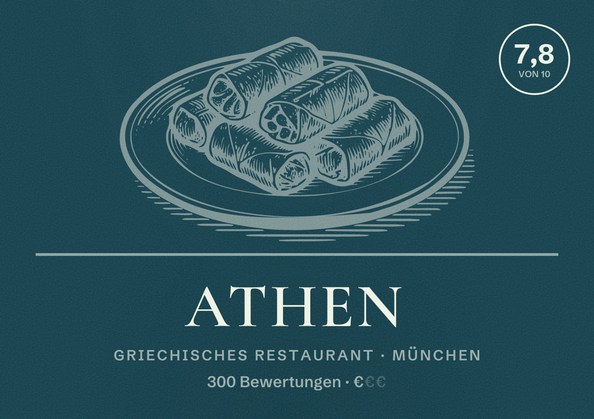 Illustriertes Poster von Athen, Griechisches Restaurant in München: Bewertung 7,8 von 10 aus 300 Bewertungen, Preisniveau €